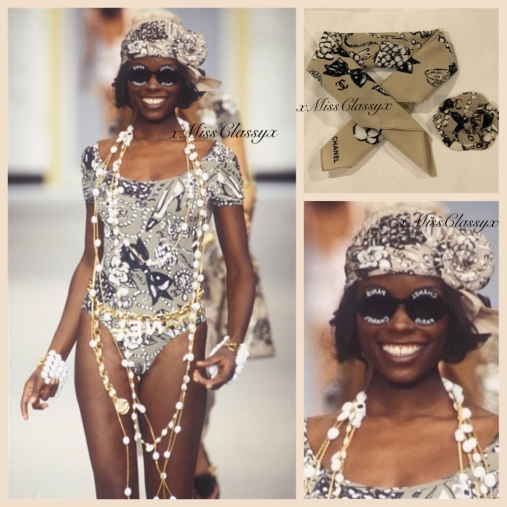 ✨Vintage RARE & Hard to Find CHANEL 1993 Runway Scarf & Camellia Brooch Pin Set